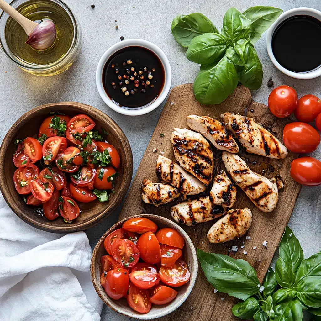 BRUSCHETTA CHICKEN topped with tomatoes basil garlic and balsamic glaze in warm light