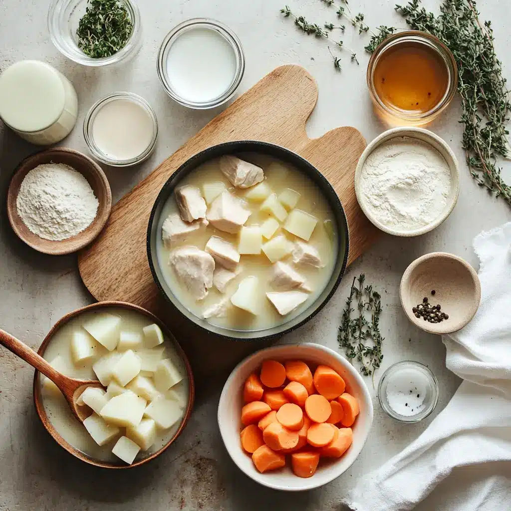 CHICKEN POT PIE SOUP RECIPE warm bowl of chicken pot pie soup with creamy vegetables and thyme