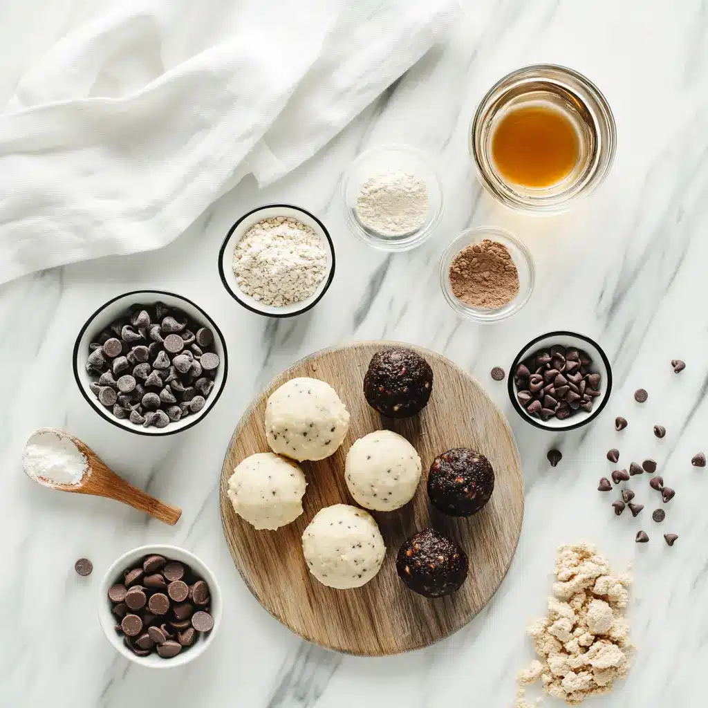 COOKIE DOUGH PROTEIN BALLS single bowl on white cloth warm natural light shallow depth of field