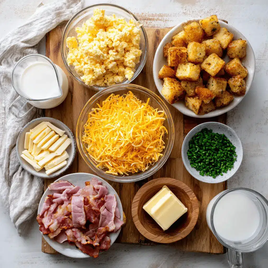 Cheesy Potato Egg Scramble plated with crispy potatoes scrambled eggs cheddar bacon and chives