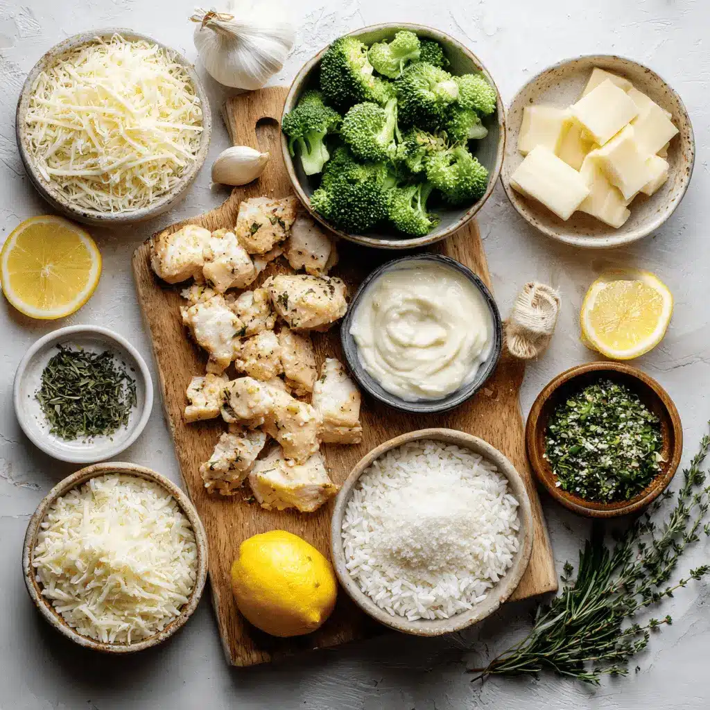 Creamy Garlic Chicken and Broccoli Skillet close up with creamy sauce broccoli and rice warm tones