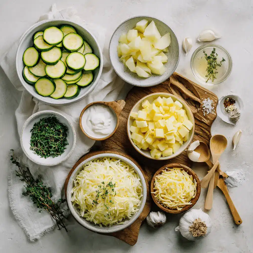 Creamy Potato and Zucchini Soup in white bowl on linen garnished with thyme and melted cheddar
