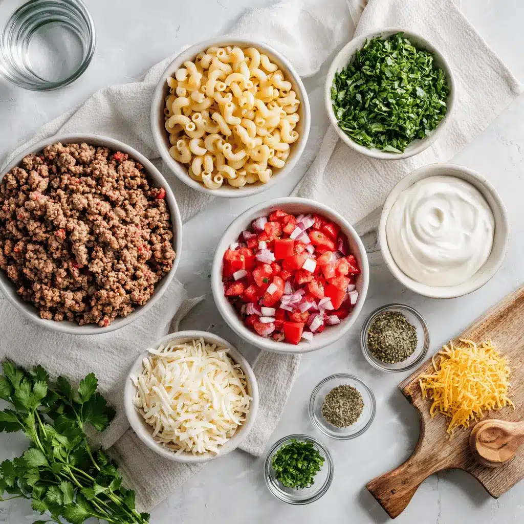 Creamy Rotel Pasta with Ground Beef plated with melted cheese and fresh herbs