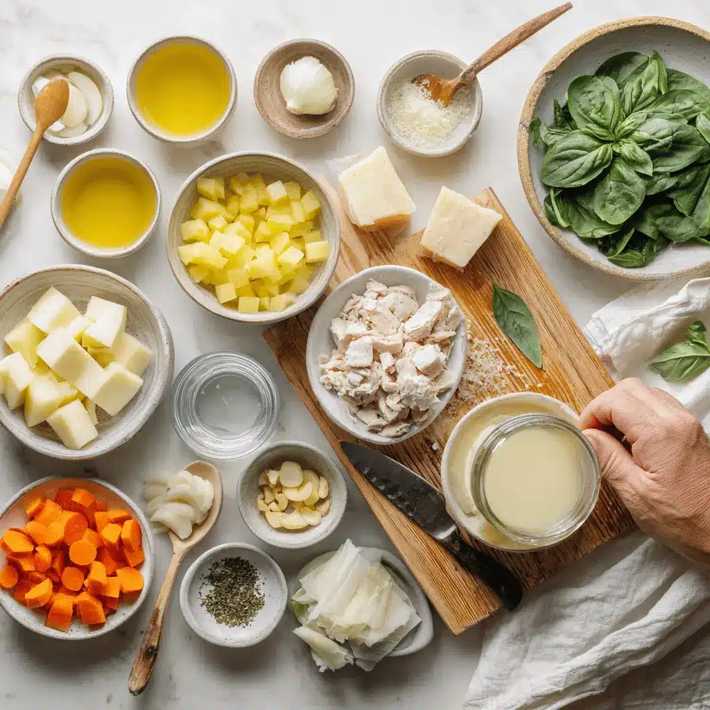 Creamy Tuscan Parmesan Cream Soup in ceramic bowl garnished with basil and grated Parmesan
