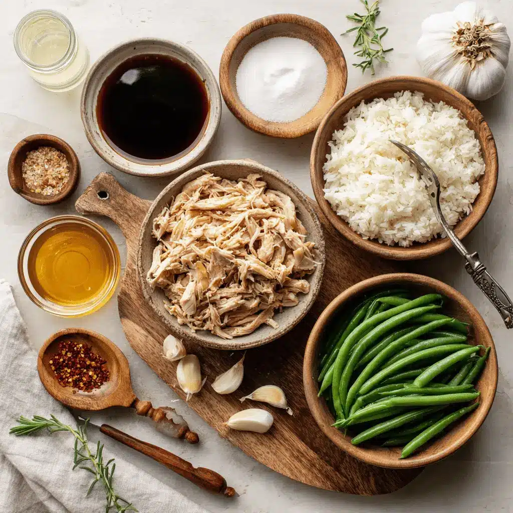 Crockpot Honey Garlic Chicken plated with rice green beans and sticky honey garlic glaze