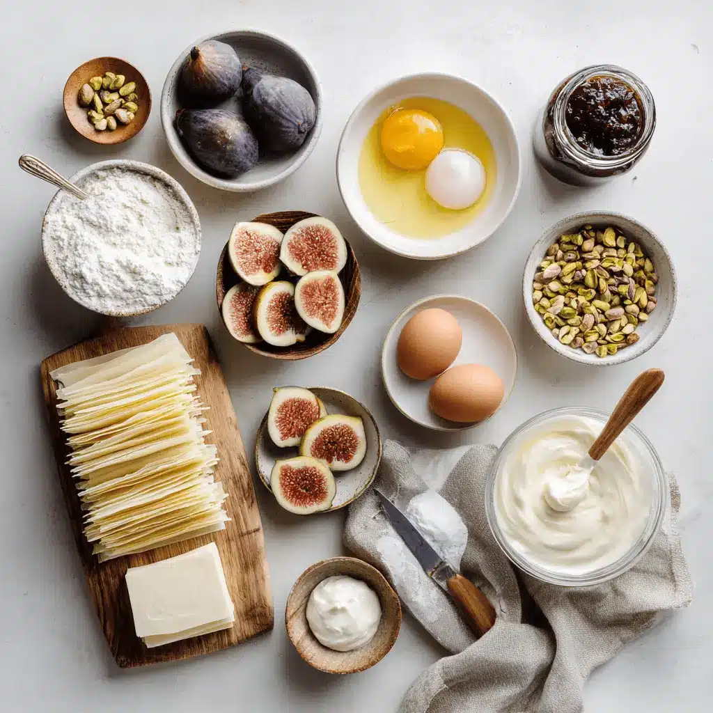 Fig Soufra plated with fresh figs, pistachios, honey glaze, creamy white sauce, warm tones