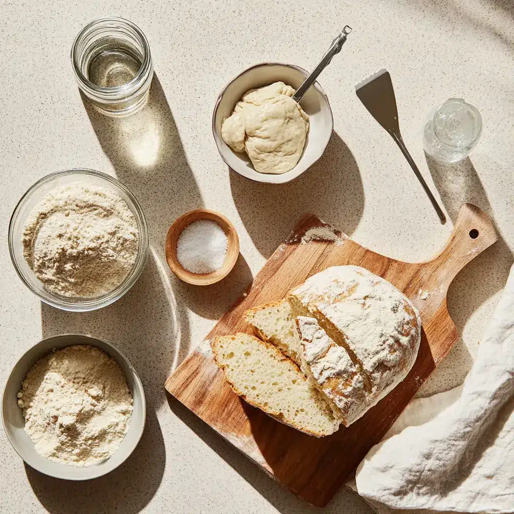GOLDEN SOURDOUGH BREAD loaf on white cloth with a slice and clear glass of water