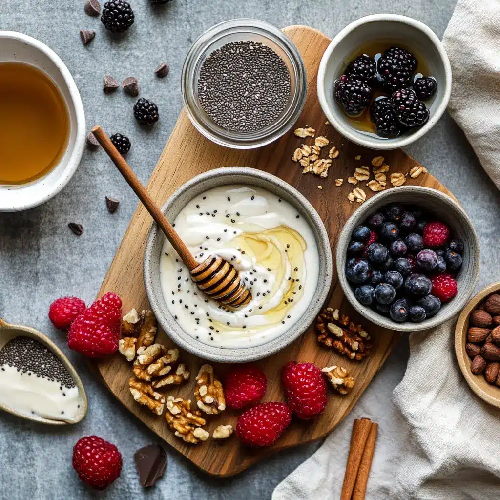 GREEK YOGURT CHIA PUDDING with mixed berries nuts and dark chocolate chips in a glass
