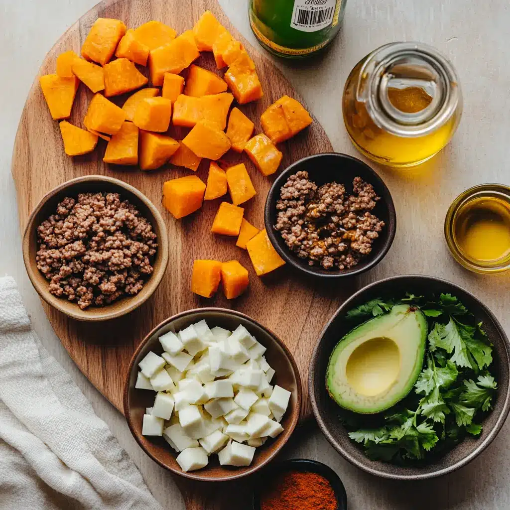 Ground Beef Hot Honey Bowl: Easy Delicious Dinner Idea 2 GROUND BEEF HOT HONEY BOWL eye level plated bowl with roasted sweet potatoes avocado soft white cheese