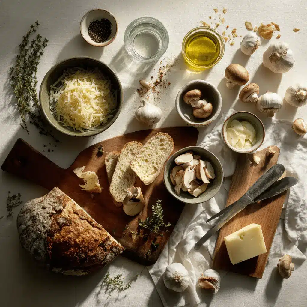 Gourmet Cheesy Mushroom: 5 Irresistible Recipes 1 Gourmet Cheesy Mushroom crostini with melted cheese thyme and olive oil on sourdough