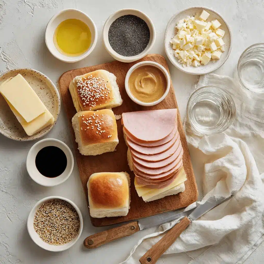 HAM AND HAVARTI CHEESE SLIDERS melted Havarti on Hawaiian rolls with poppy seeds