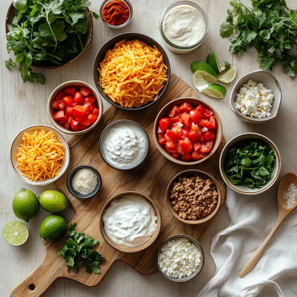 HIGH PROTEIN CREAMY TACO SOUP in bowl with herbs lime wedges and melted cheese