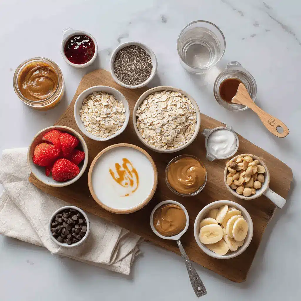 High Protein Overnight Oats: Delicious Easy Breakfast 1 HIGH PROTEIN OVERNIGHT OATS creamy jar with strawberries banana peanut butter and chocolate chips