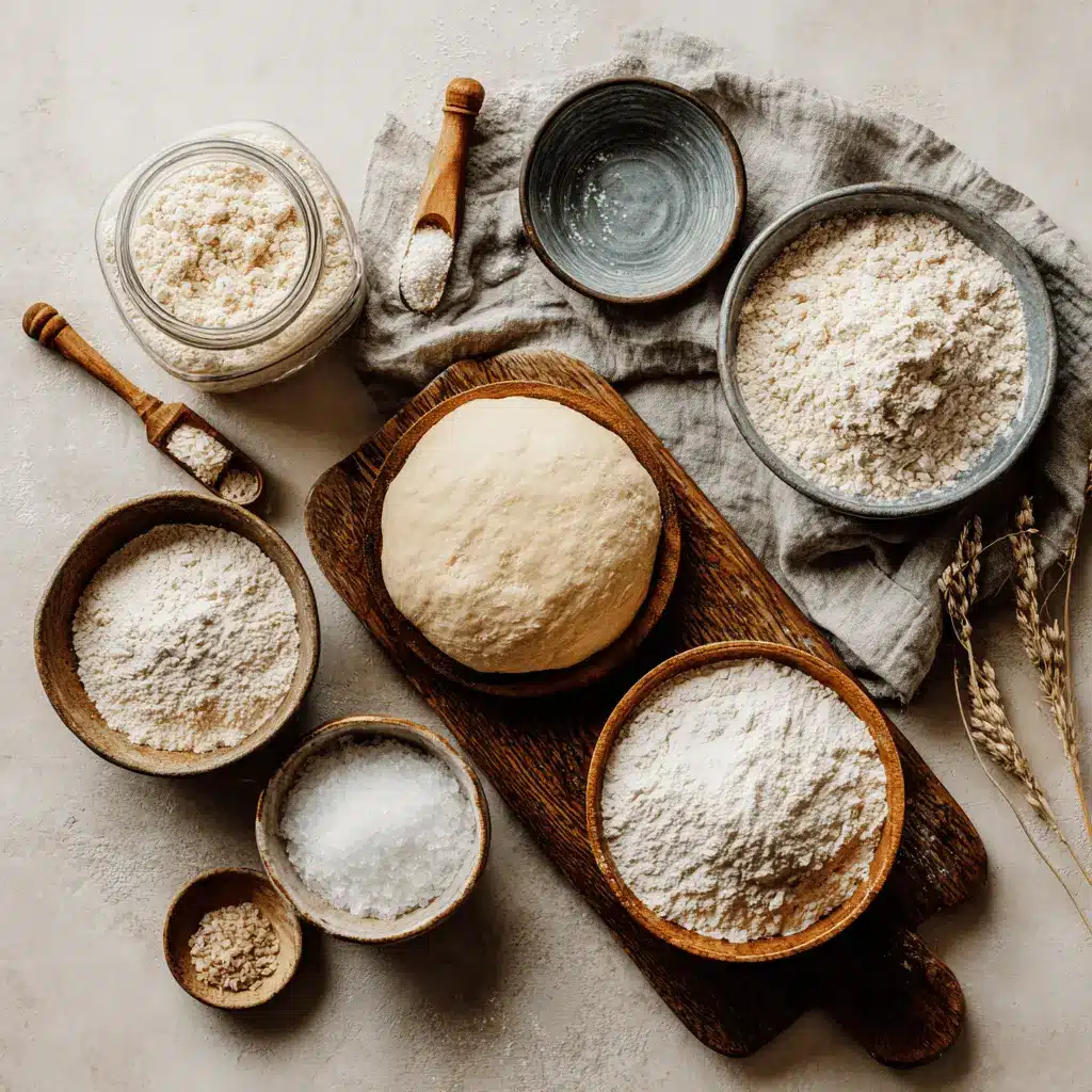 HOMEMADE SOURDOUGH BREAD golden crust loaf on white cloth with starter and glass of water