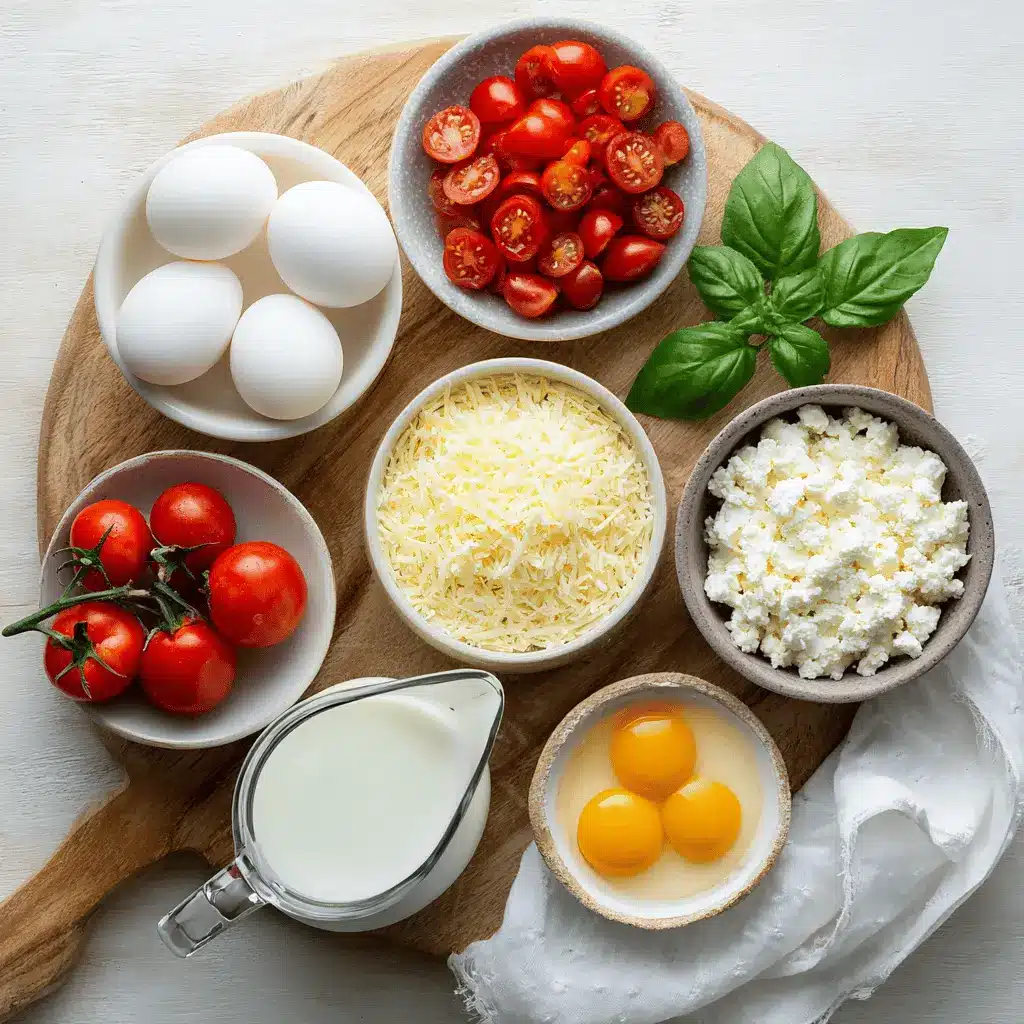 High Protein Egg Casserole with Cottage Cheese baked golden topped with cherry tomatoes and basil