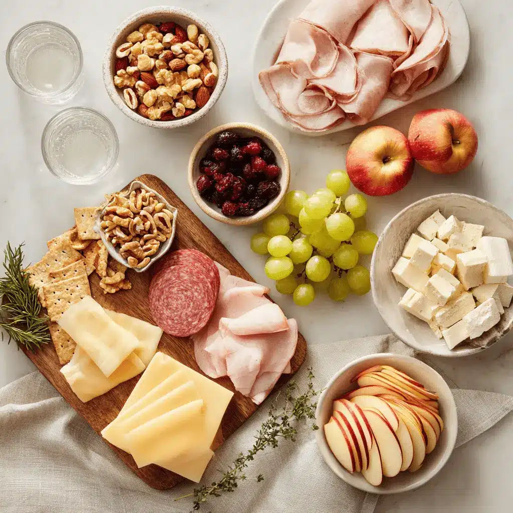 Holiday-Themed Charcuterie: Easy and Irresistible Ideas 1 Holiday Themed Charcuterie board with salami prosciutto aged cheddar brie grapes apples and herbs