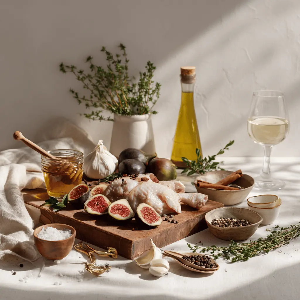 Honey Roasted Chicken with Sweet Figs plated on white cloth napkin with figs and honey jar