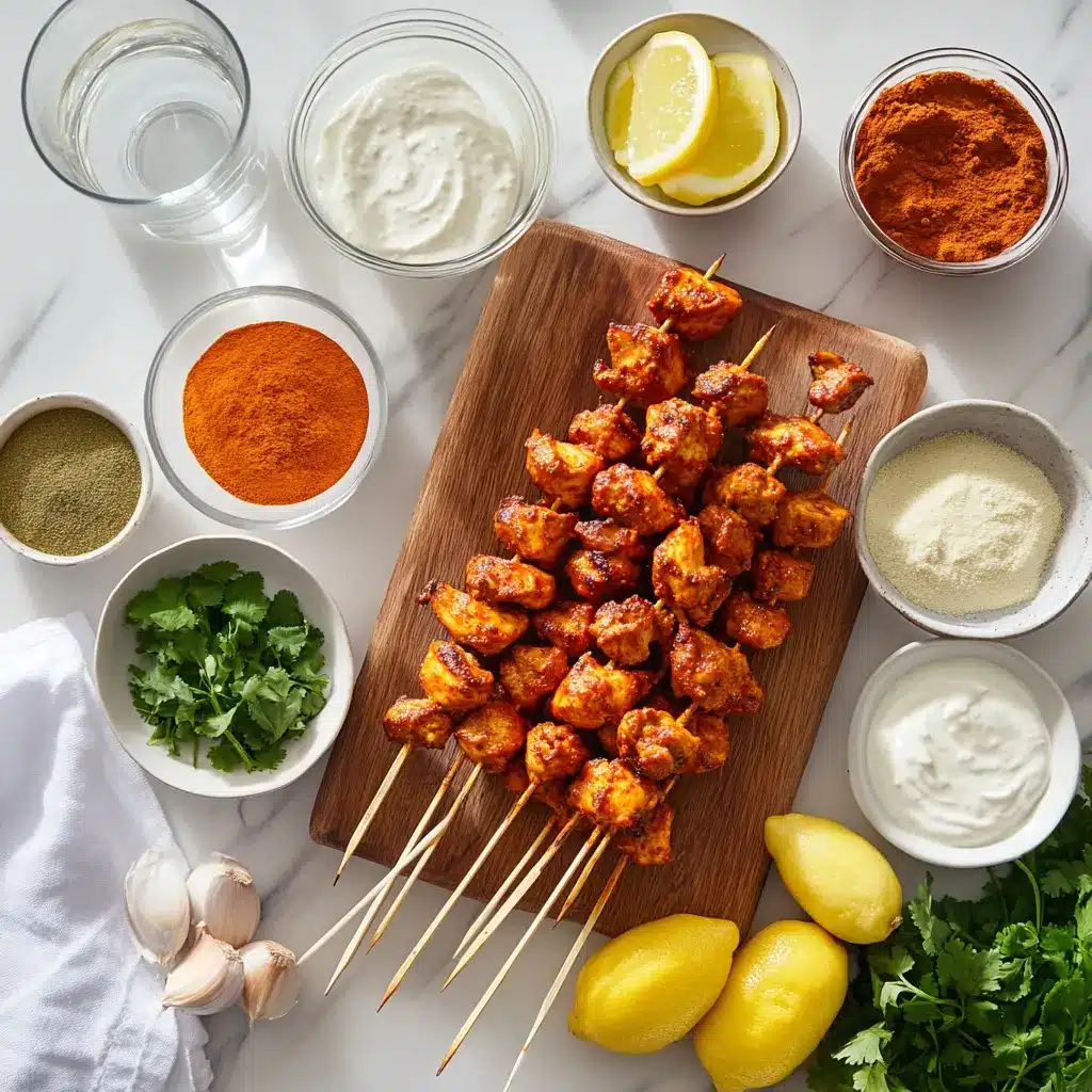 Indian Tandoori Chicken Tikka Kebab Skewers: Easy and Delicious Recipe 2 INDIAN TANDOORI CHICKEN TIKKA KEBAB SKEWERS on skewers with lemon halves and fresh herbs