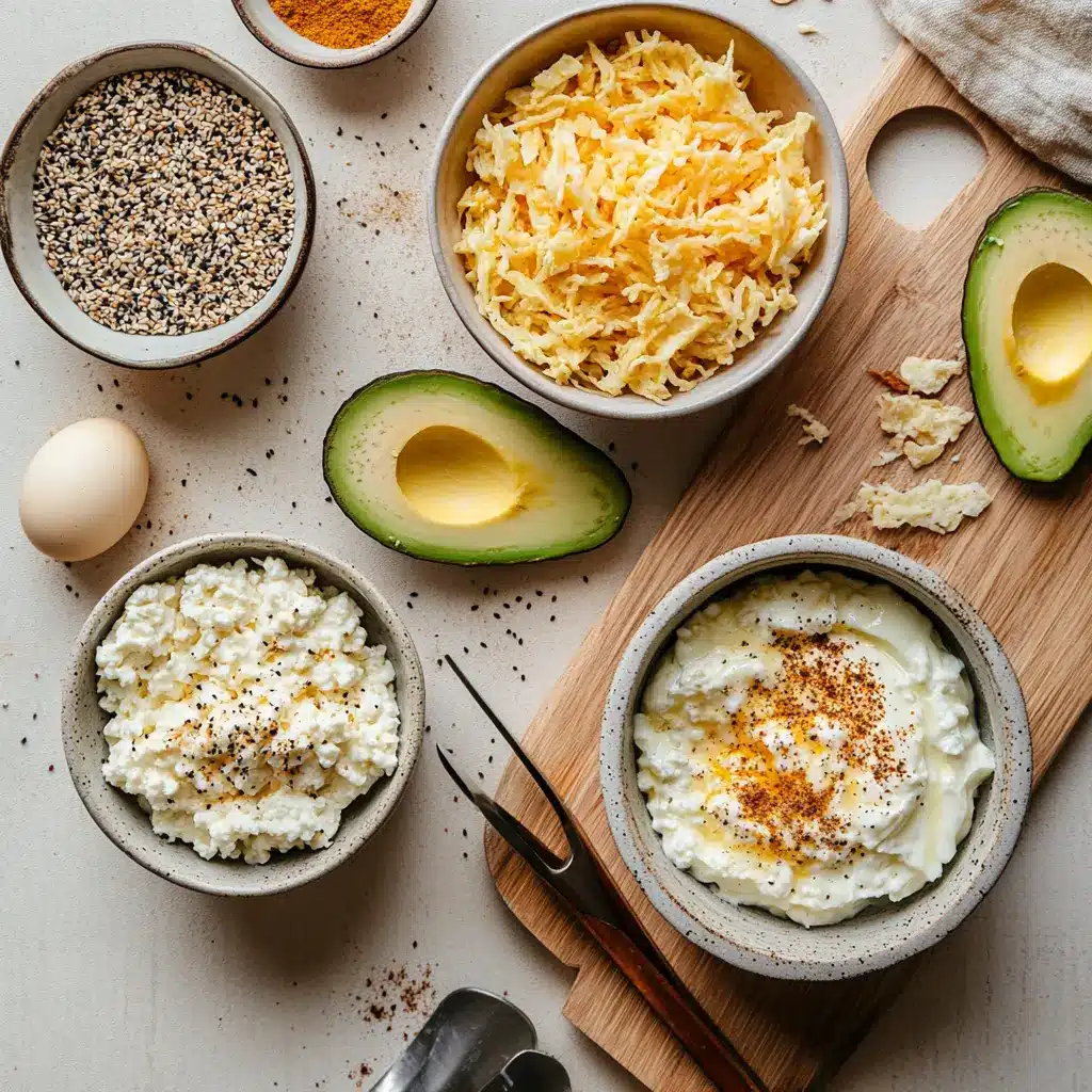 LOADED HASH BROWNS with avocado scrambled eggs cottage cheese and everything bagel seasoning on napkin