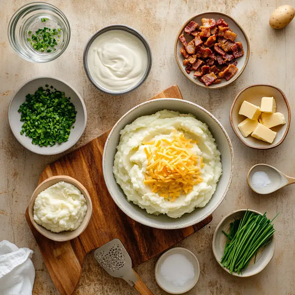 LOADED MASHED POTATOES topped with melted cheddar bacon chives butter and creamy white sauce on white cloth