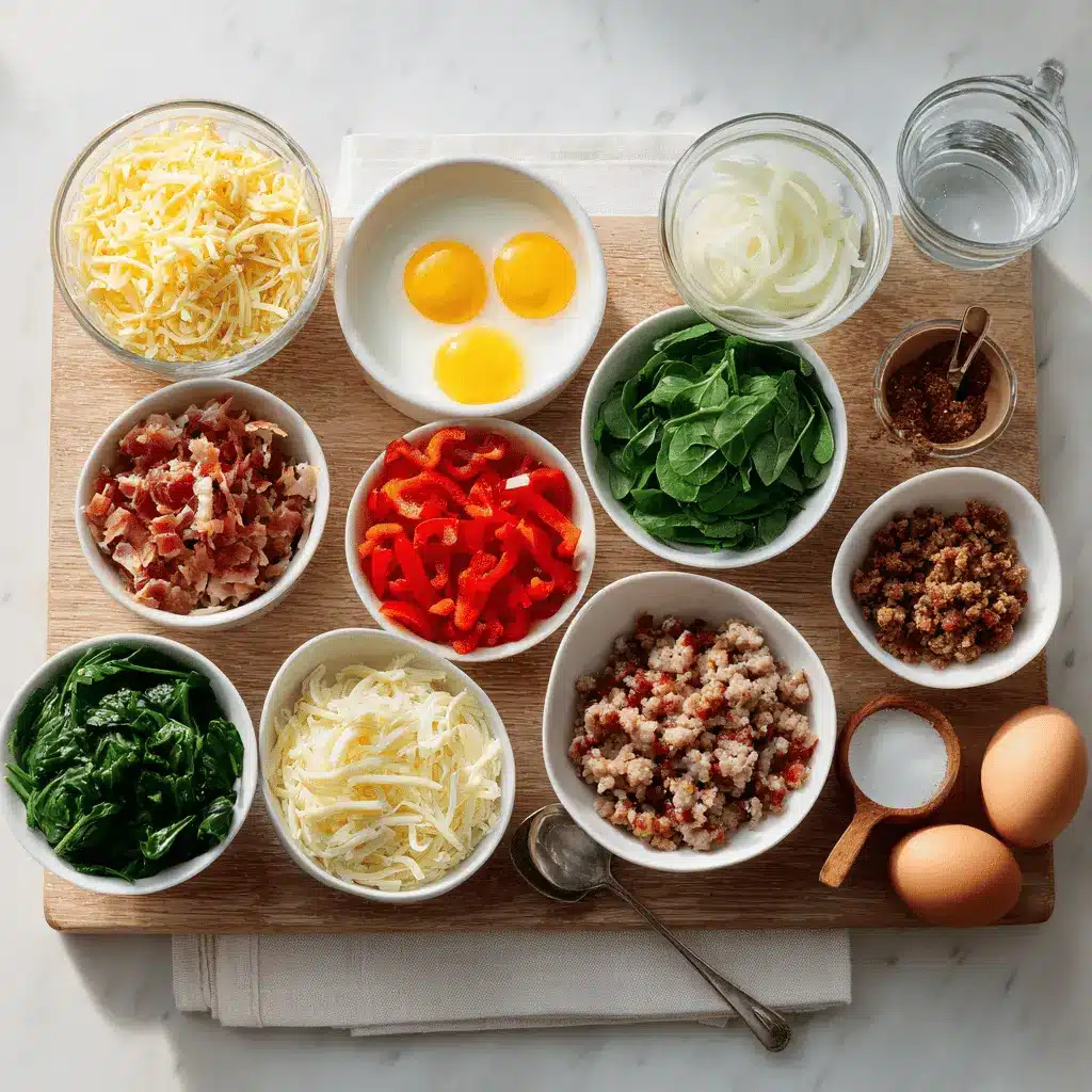 Make Ahead Egg Muffins Breakfast three golden muffins with melty cheese peppers spinach bacon and sausage