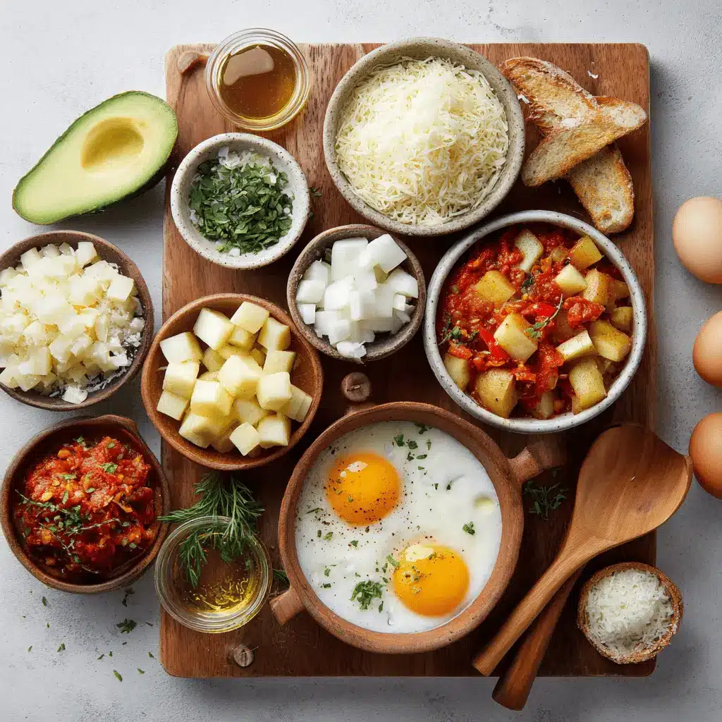One Pan Shakshuka overhead skillet vibrant eggs tomato sauce herbs melted cheeses and bread