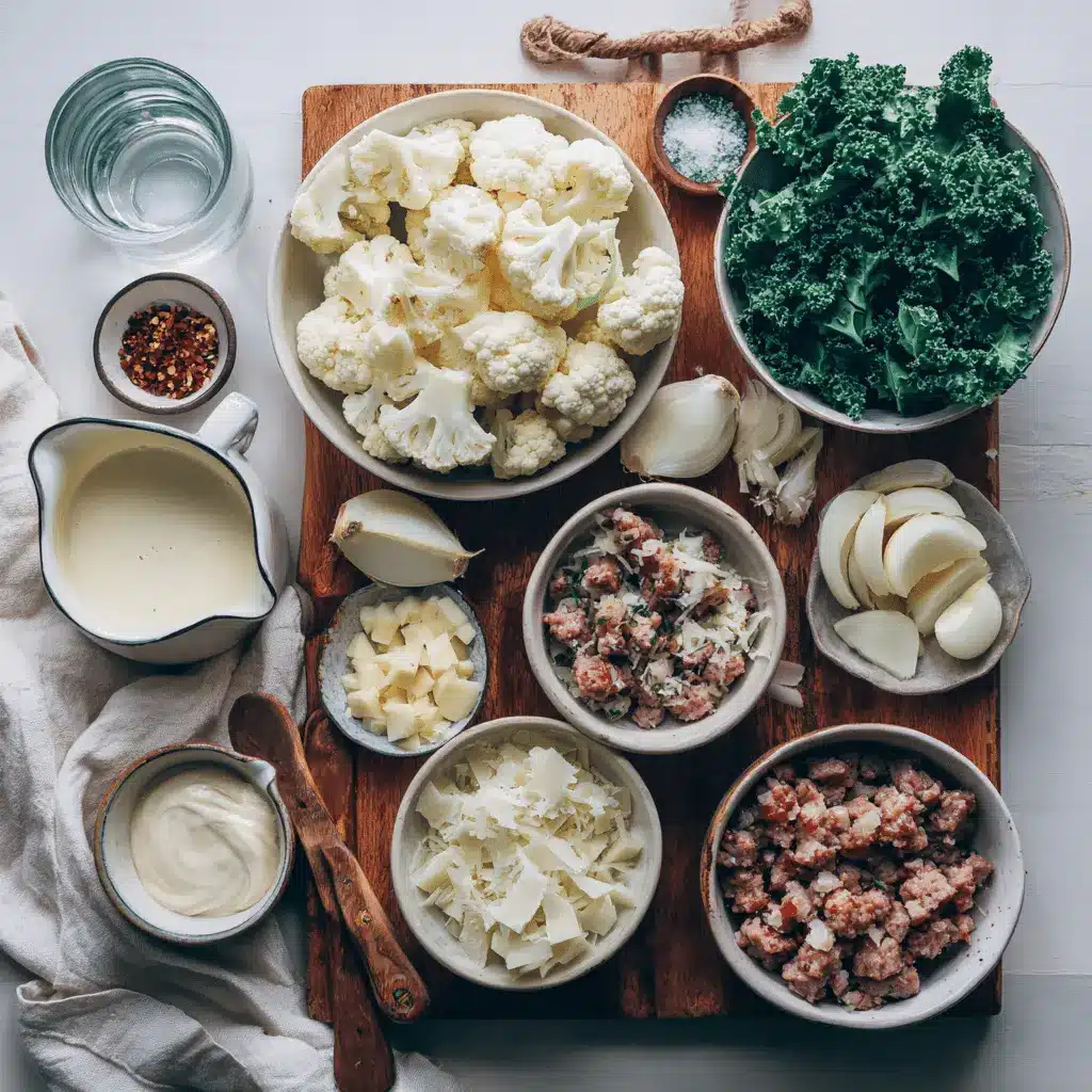 QUICK KETO ZUPPA TOSCANA SOUP WITH CAULIFLOWER creamy Italian sausage kale bacon bowl top-down hero
