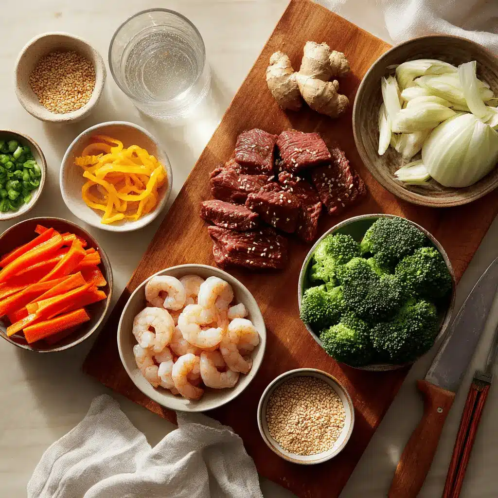 STEAK AND SHRIMP STIR FRY hero photo on white napkin warm natural light restaurant style