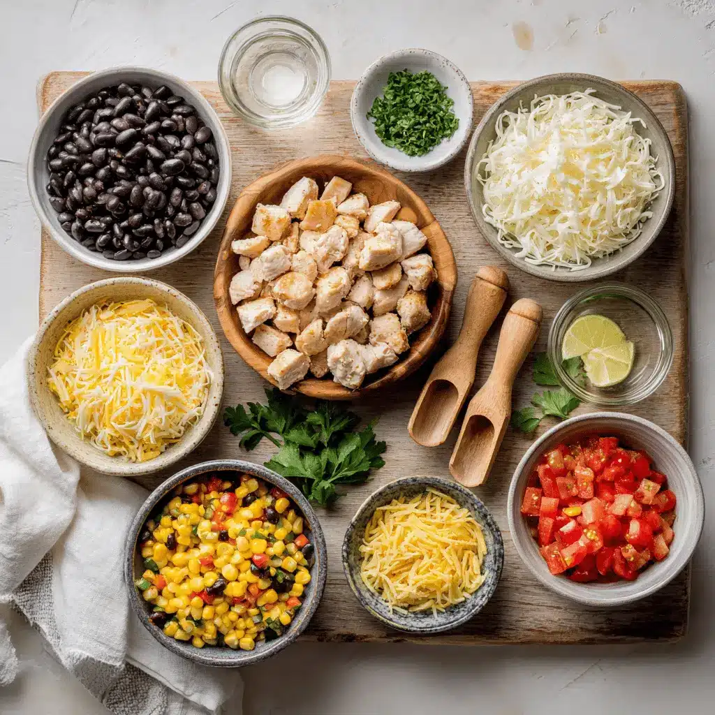 Santa Fe Chicken skillet with black beans corn melted cheese and fresh herbs in warm light