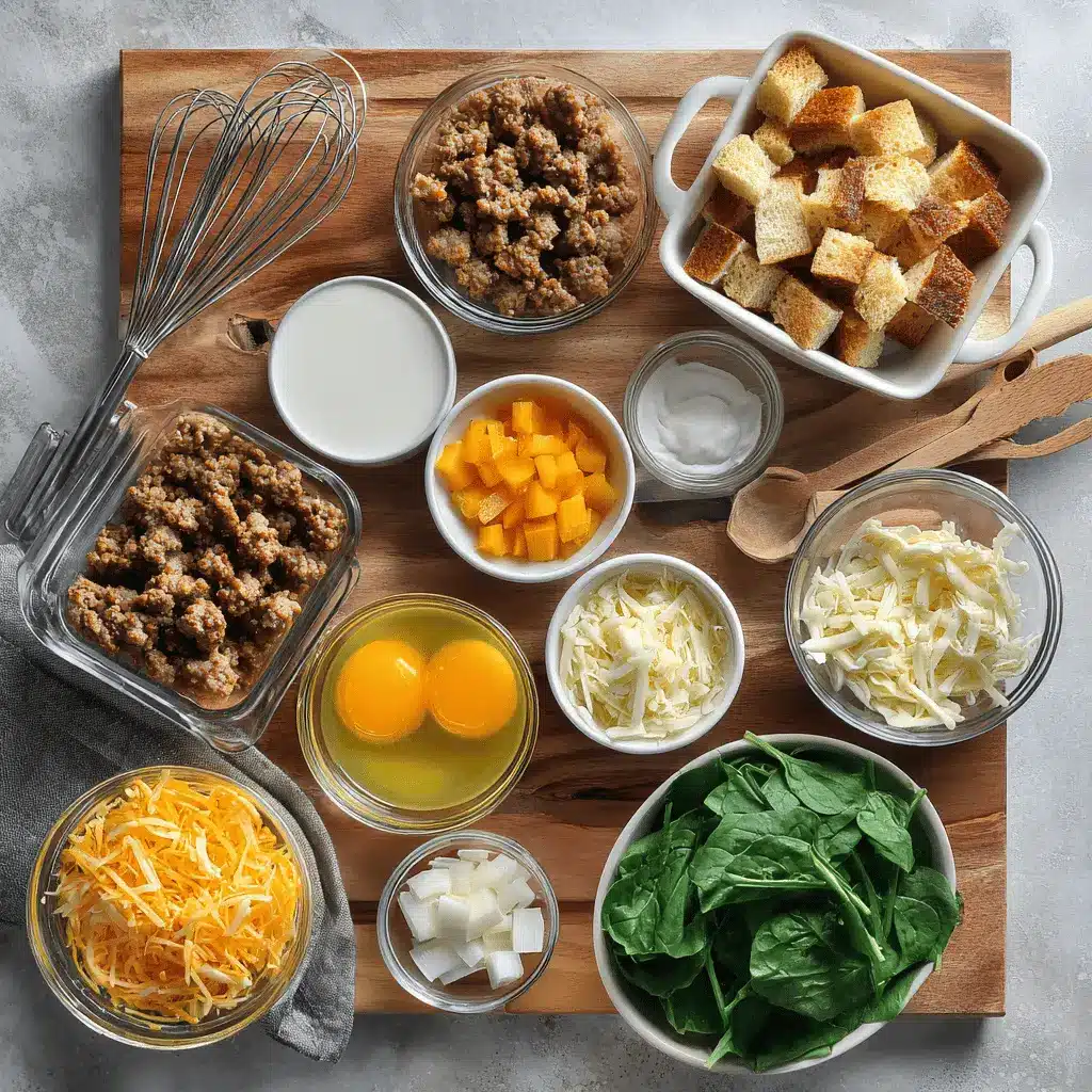 Sausage and Egg Casserole golden baked with cheddar peppers spinach on white napkin