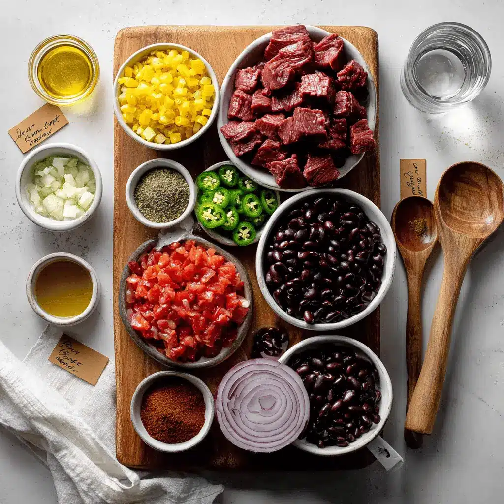 Spicy Steak Chili in bowl on white napkin warm inviting natural light glass of water
