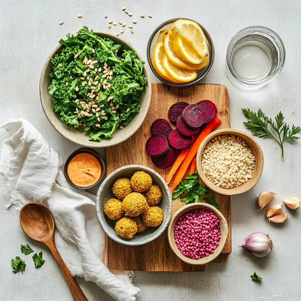 WINTER BUDDHA BOWL with golden falafel pearl couscous beet kale and creamy tahini sauce