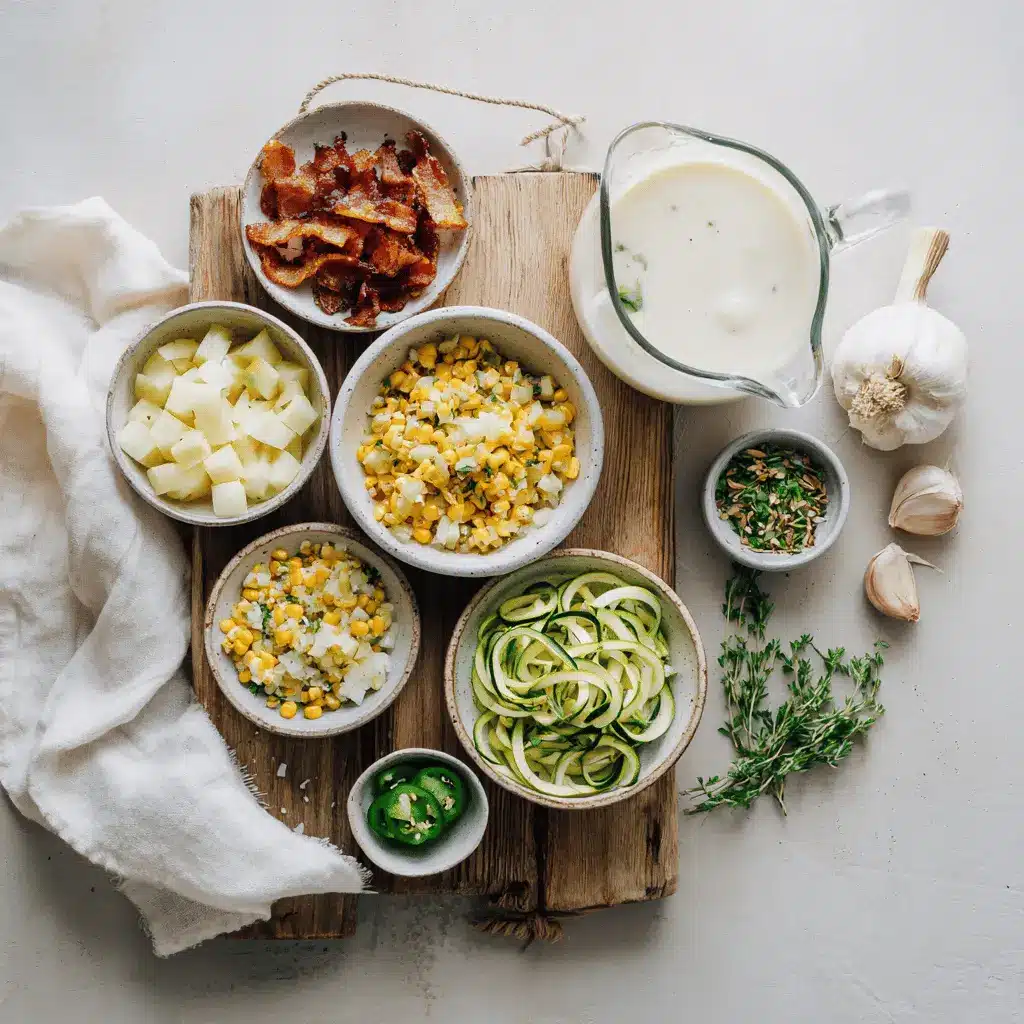Zucchini Corn Chowder in white bowl with bacon and fresh herbs on napkin