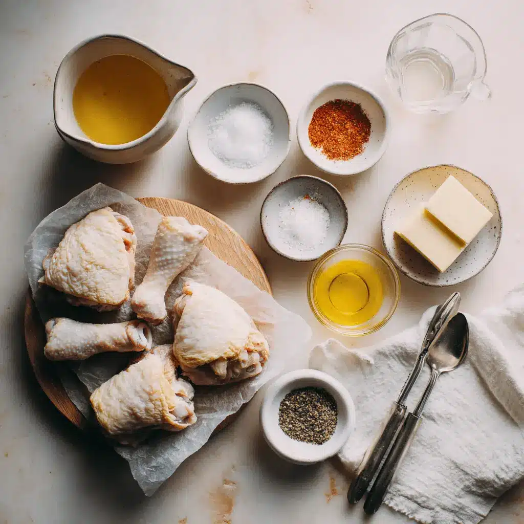 pan fried chicken thighs crispy golden skin on white cloth with simple glass of water