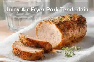 Juicy Air Fryer Pork Tenderloin on white napkin with glass of water, warm natural light
