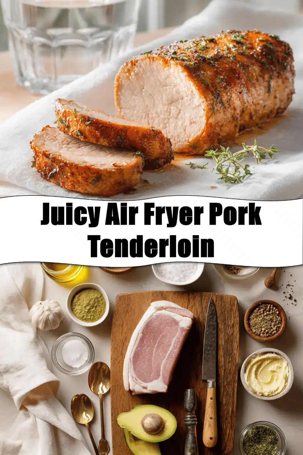 Juicy Air Fryer Pork Tenderloin on white napkin with glass of water, warm natural light_pin