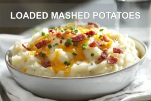 LOADED MASHED POTATOES topped with melted cheddar bacon chives butter and creamy white sauce on white cloth