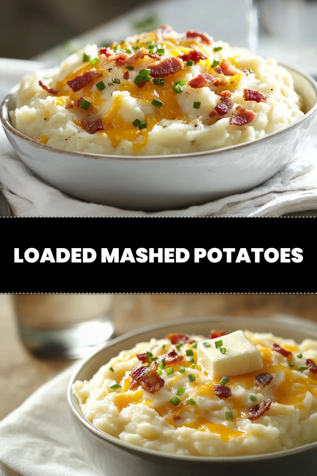 LOADED MASHED POTATOES topped with melted cheddar bacon chives butter and creamy white sauce on white cloth_pin