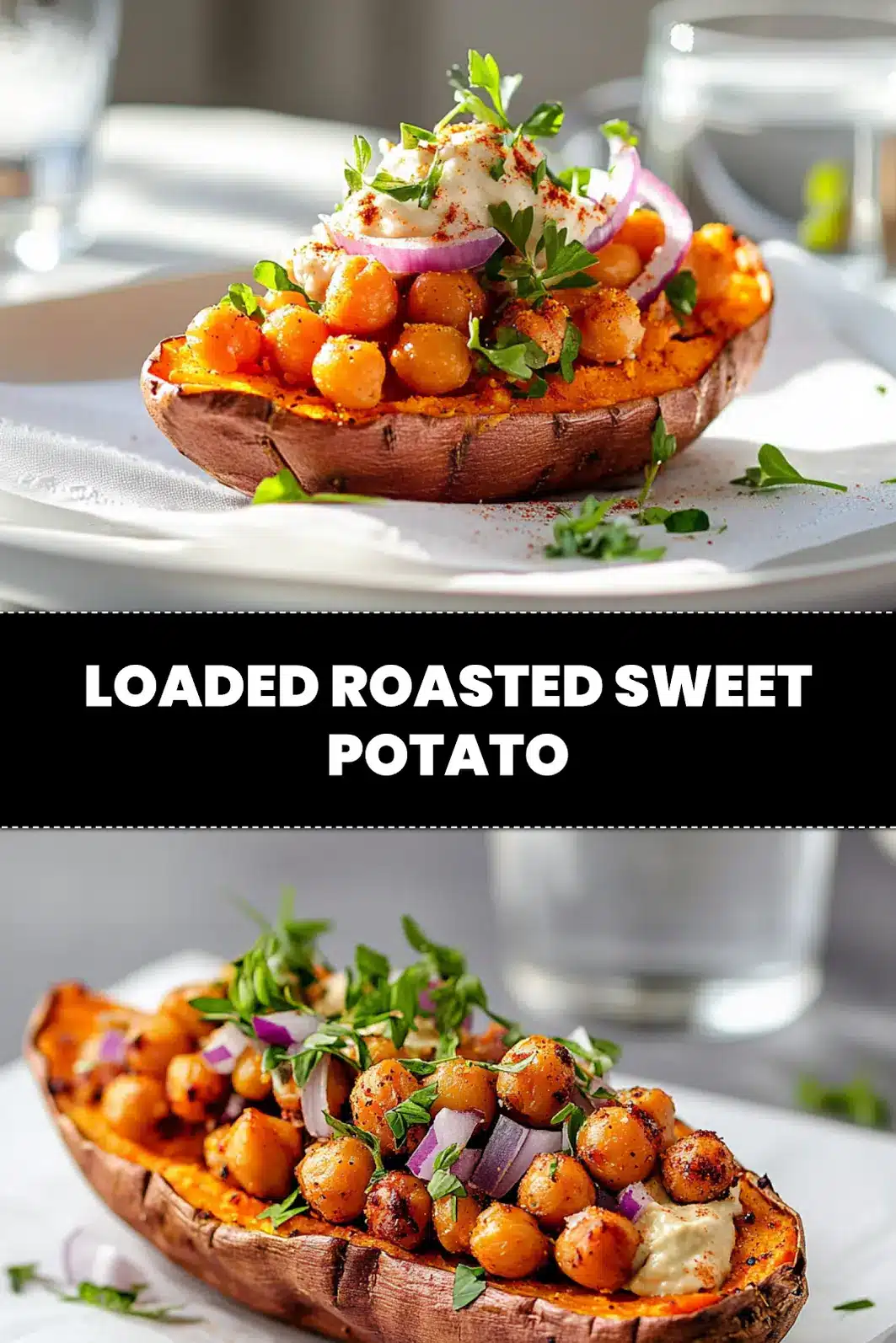 LOADED ROASTED SWEET POTATO with hummus crispy chickpeas red onion herbs crumbled cheese olive oil drizzle_pin
