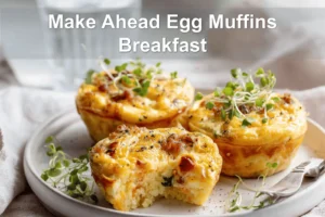 Make Ahead Egg Muffins Breakfast three golden muffins with melty cheese peppers spinach bacon and sausage