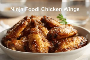 Ninja Foodi Chicken Wings on white napkin with clear glass of water and golden glaze