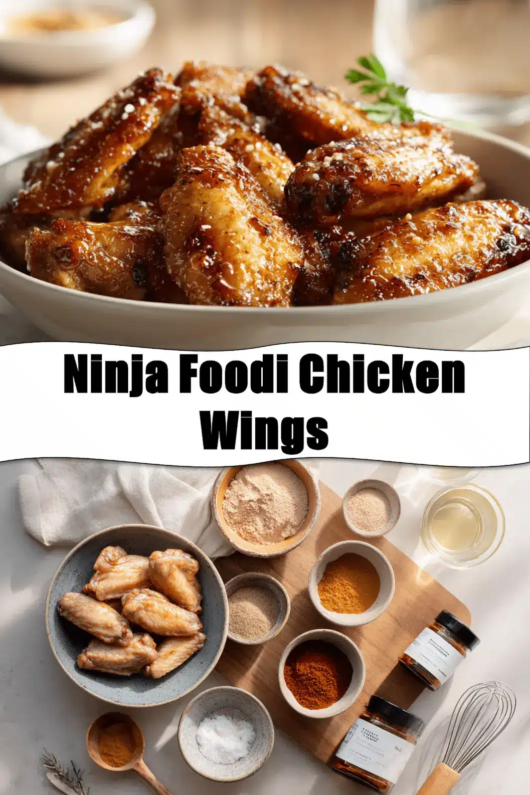 Ninja Foodi Chicken Wings: Easy and Delicious Magic 2 Ninja Foodi Chicken Wings on white napkin with clear glass of water and golden glaze_pin
