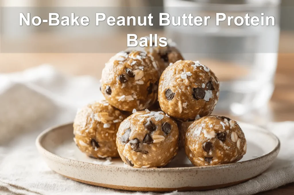 No-Bake Peanut Butter Protein Balls close up on plate with coconut and mini chocolate chips