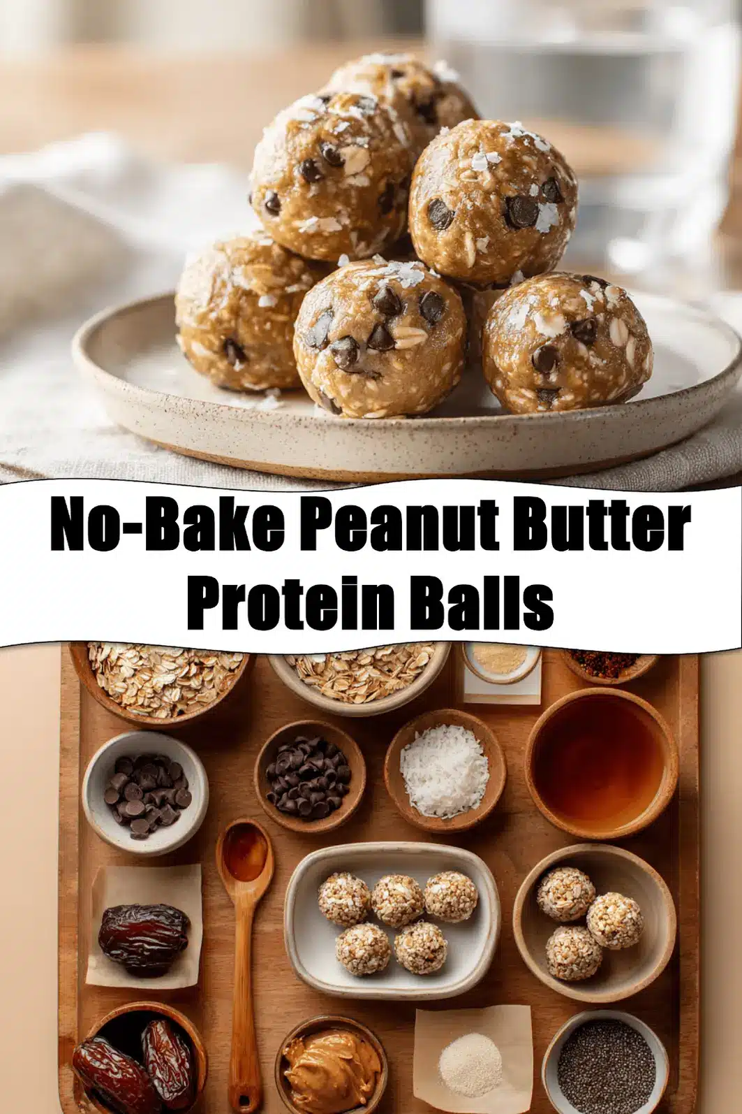 No-Bake Peanut Butter Protein Balls close up on plate with coconut and mini chocolate chips_pin