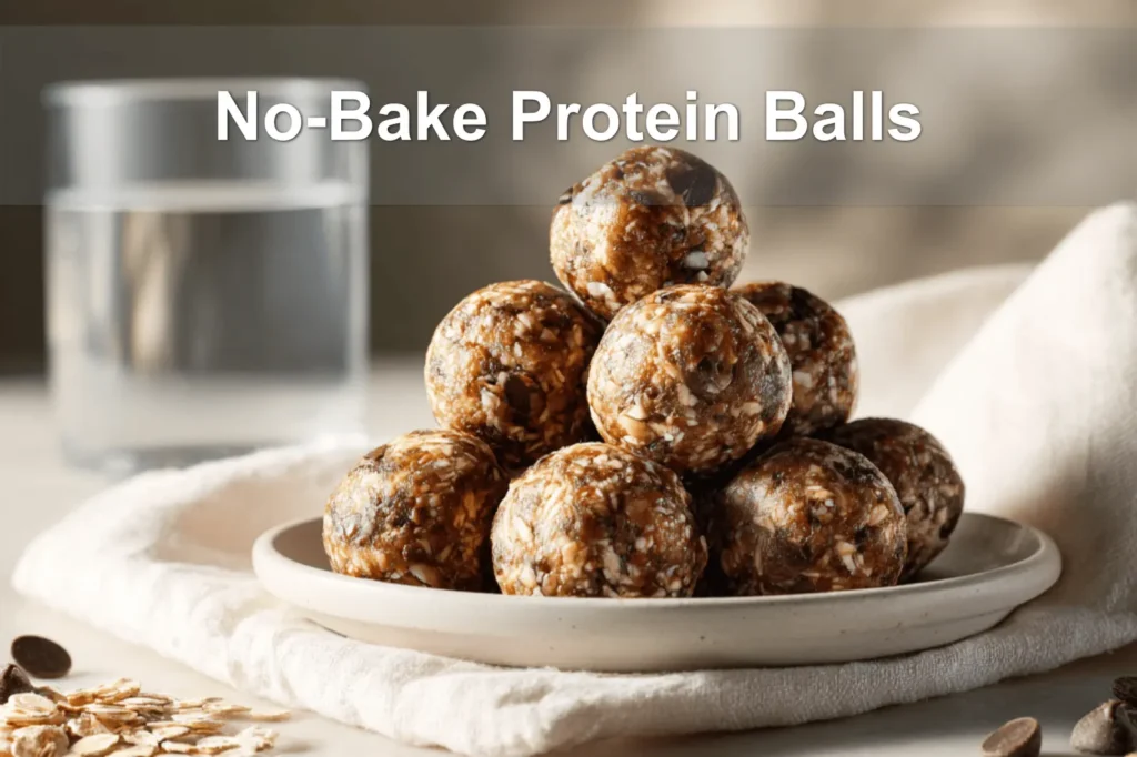No-Bake Protein Balls on white napkin with clear water glass warm inviting close-up