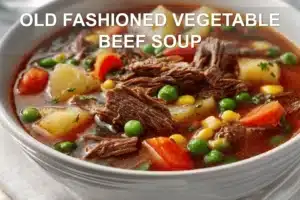 OLD FASHIONED VEGETABLE BEEF SOUP top-down bowl warm comforting stew with shredded beef and vegetables