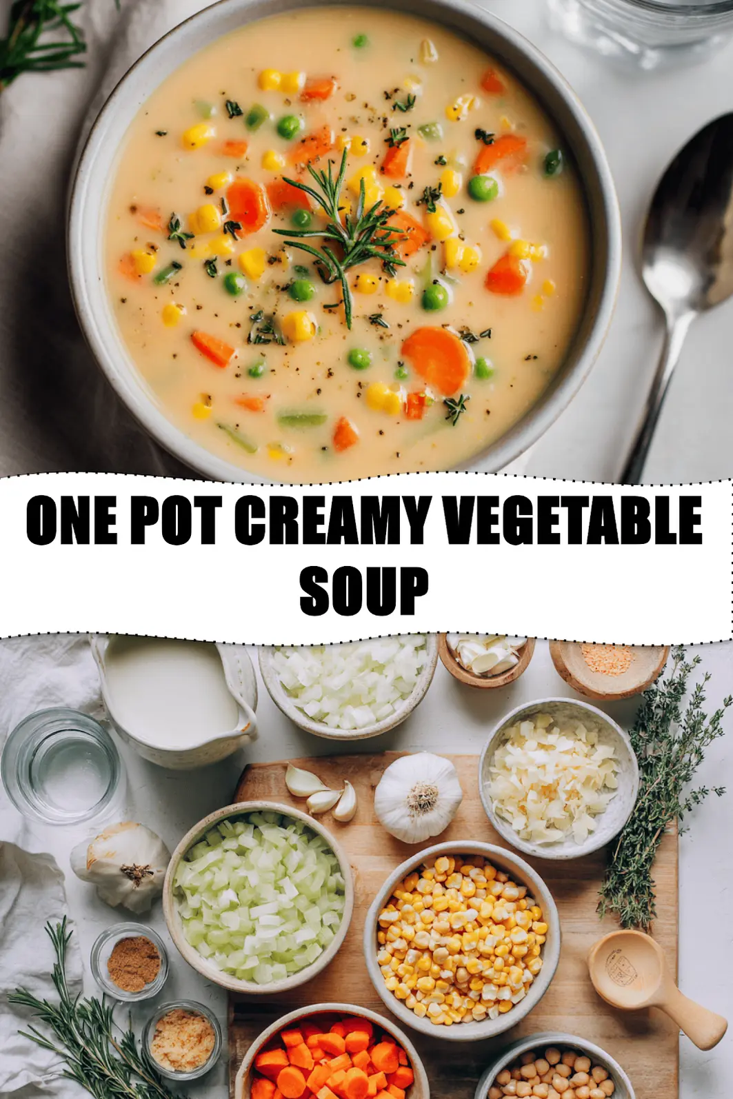 ONE POT CREAMY VEGETABLE SOUP overhead bowl with herbs chickpeas and warm creamy broth_pin