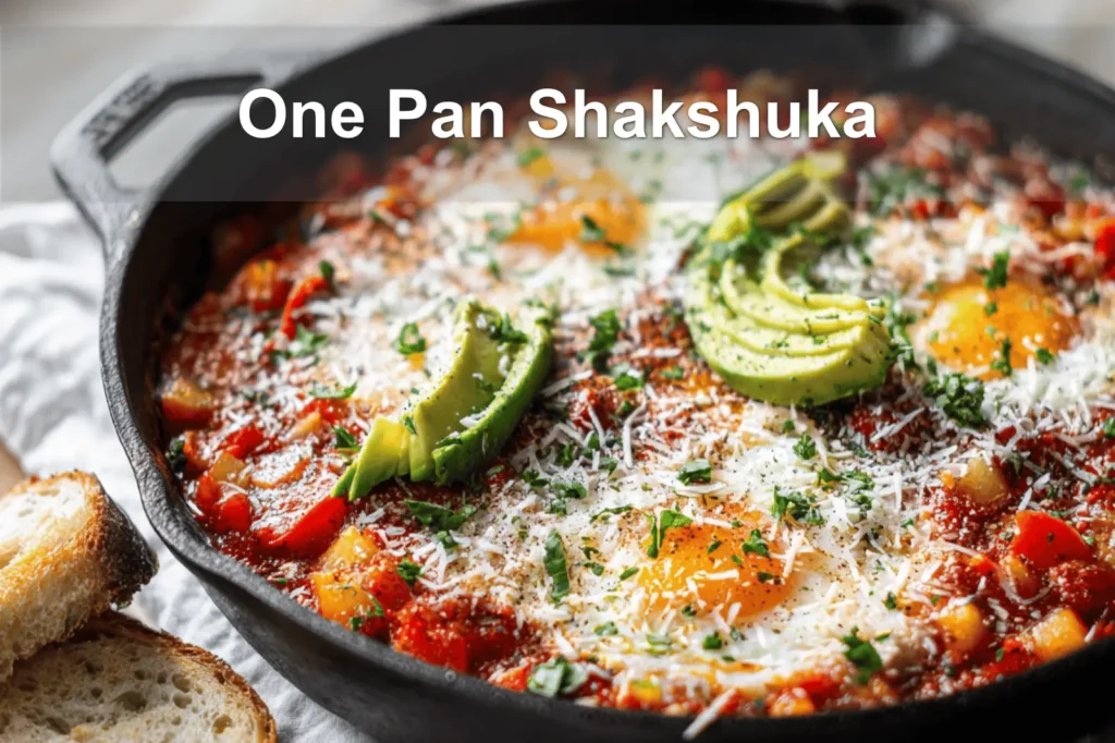 One Pan Shakshuka overhead skillet vibrant eggs tomato sauce herbs melted cheeses and bread