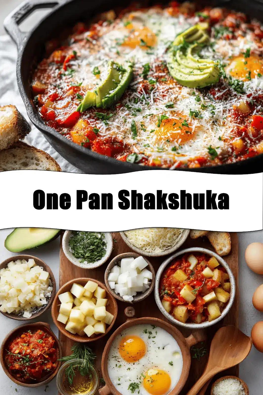 One Pan Shakshuka overhead skillet vibrant eggs tomato sauce herbs melted cheeses and bread_pin