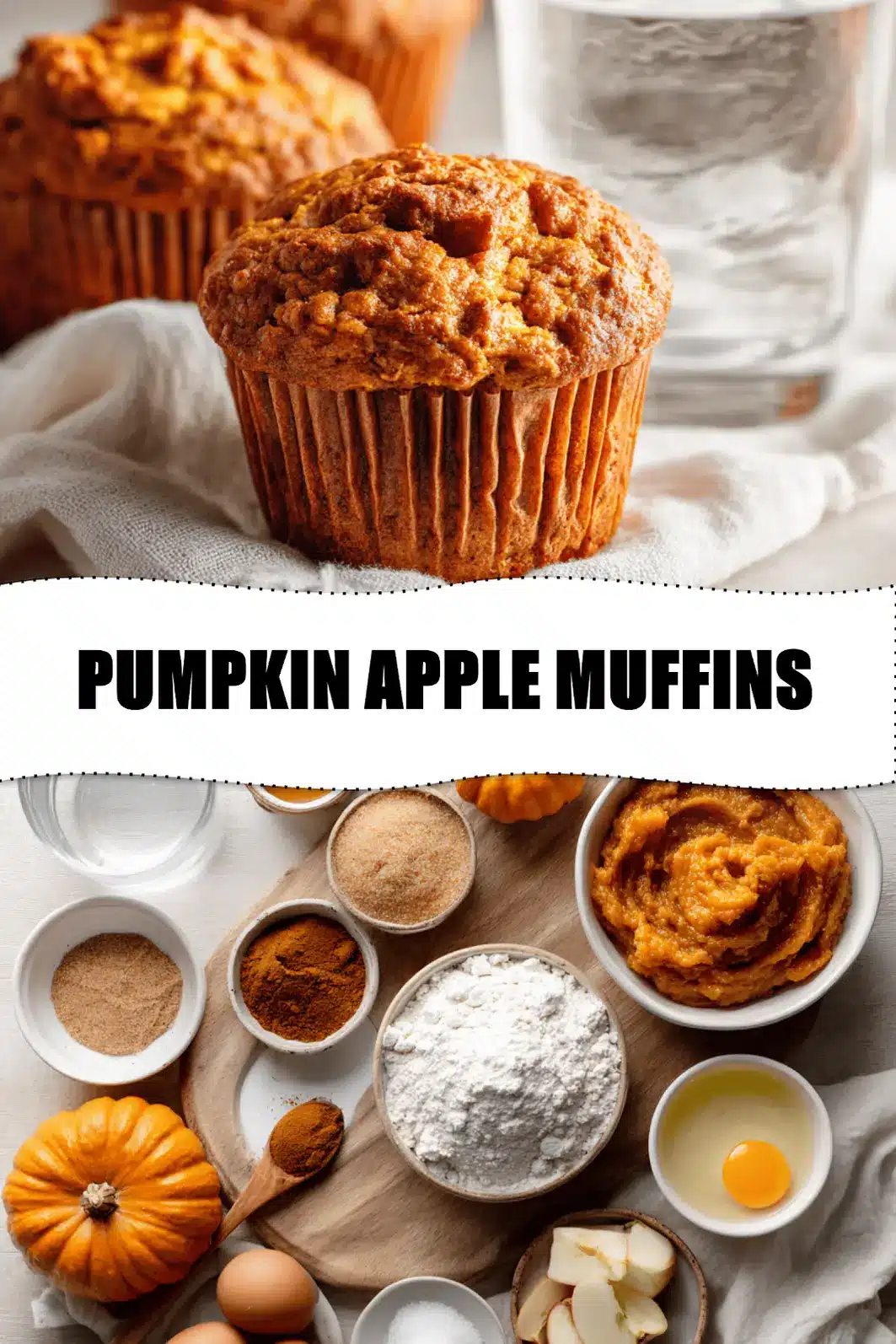 PUMPKIN APPLE MUFFINS hero shot three quarter angle warm tones on white cloth_pin